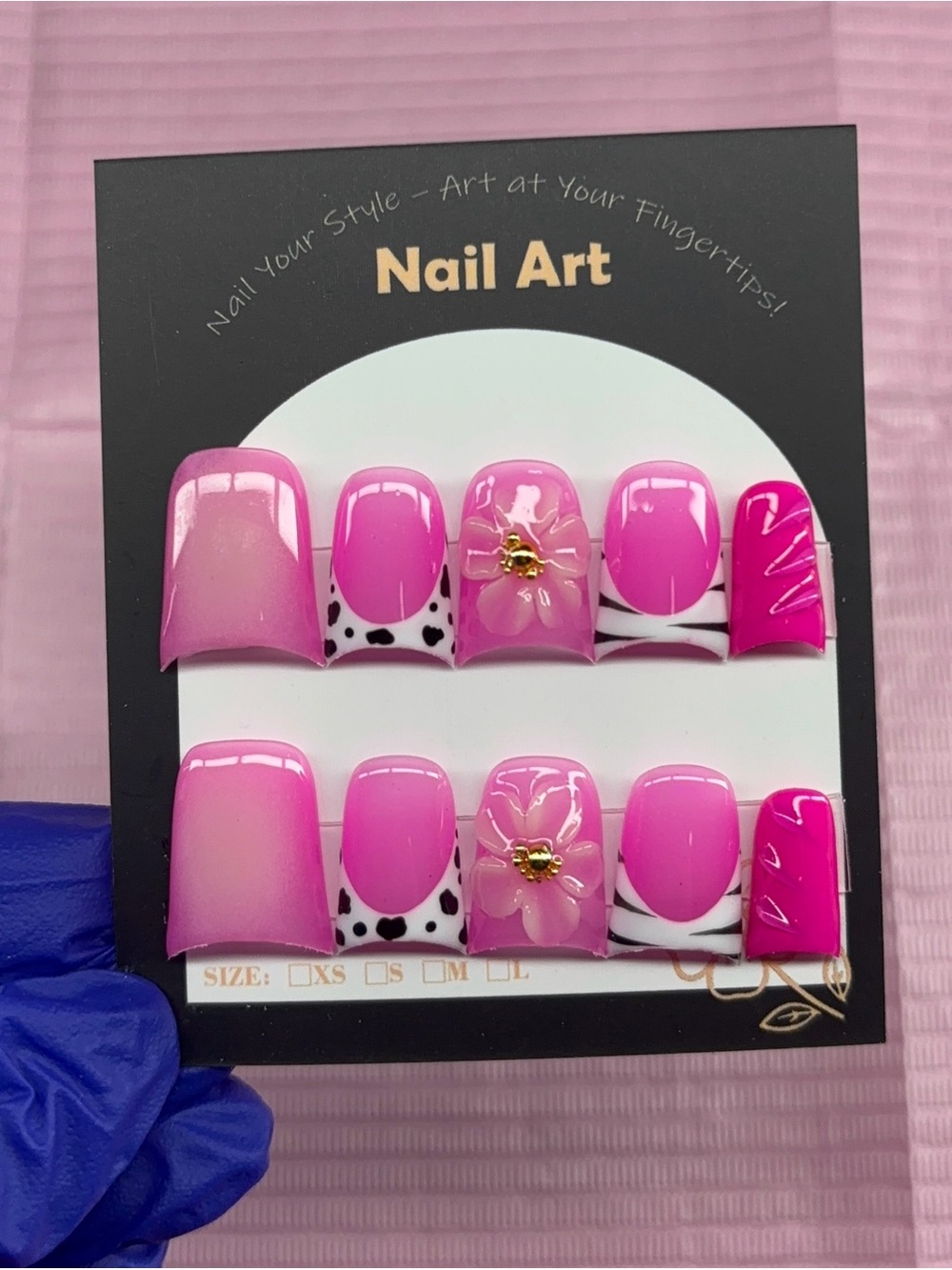 Short duck Press on nails pink animal print aura white black 3d gel gold details